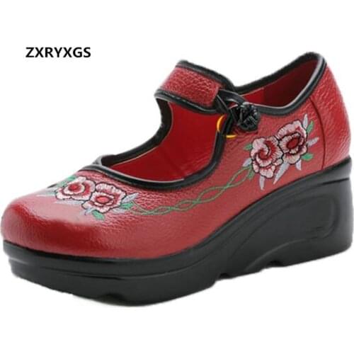 2019 New Spring Mom Thick Bottom Slope with High Heels Embroidery Genuine Leather Shoes Women Shoes Elegant Fashion Shoes