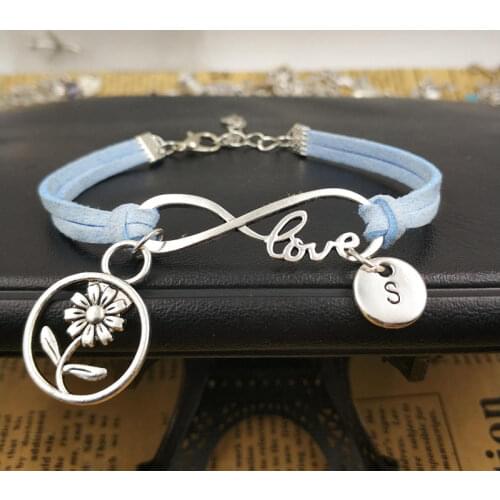 Sunflower Customize Love Initial Bracelet Charms Infinity Leather Bracelet for Women Gift Accessories Jewelry
