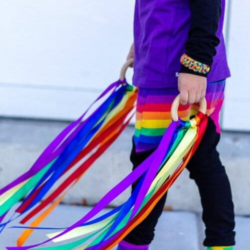 Rainbow Wooden Ribbon Ring Toys Baby Newborn Develop Hearing Recognition Sensory Ribbon Wooden Circle Interative Playing Toy