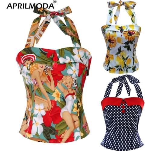 Retro Vintage Crop Tops Western Girl Summer Clothes for Women 50s 60s Pin Up Shirts Button Sexy Halter Blouses Blusa Feminina