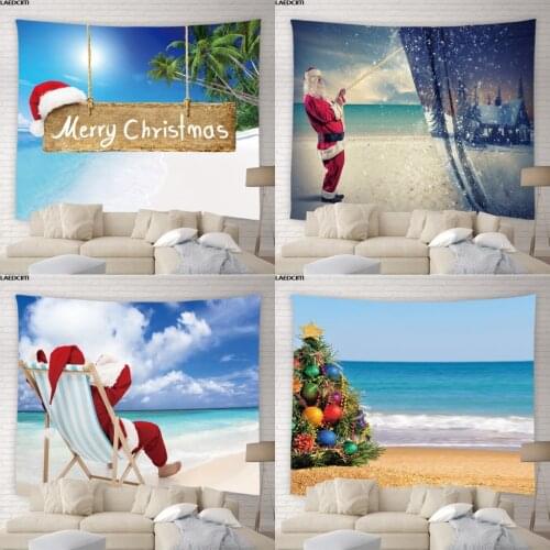Merry Christmas Tapestry Xmas Theme Wall Hanging Ocean Scenery Santa Claus Christmas Tree Holiday Decor Background Beach Towel