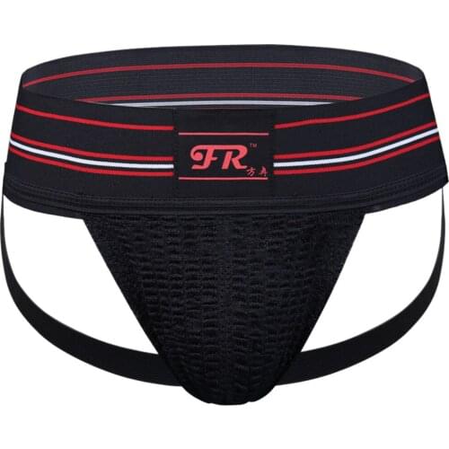 Men Sexy Jockstrap Underwear Sport Briefs Expose buttocks Bikini Thong Underpants with Pleated Penis Pouch Striped Elastic Band