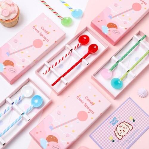 2Pcs Glass Spoons Colorful Candy Shape Heat-resistant Glass Crystal Children Coffee Juice Dessert Long Spoons Beautiful Gifts