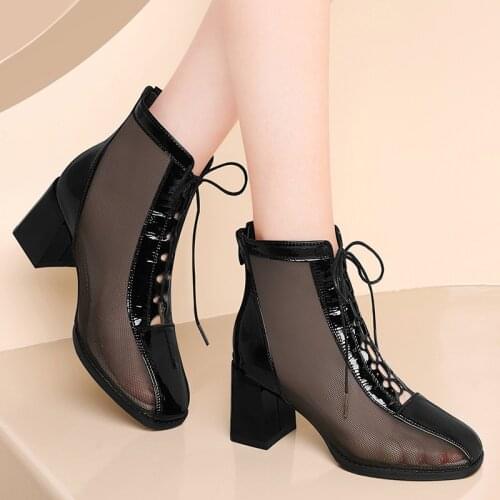 Square toe single shoes mid-heel 2021 spring summer new mesh sandals womens shoes high heels thick heel sandals leather shoes