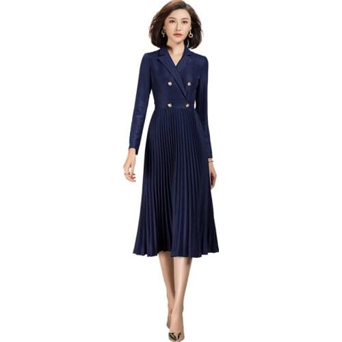 2021 Spring Fashion Elegant Long Sleeve Suit Blue Dress Pleated For Office Lady