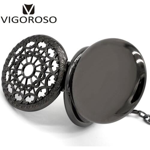 VIGOROSO Steampunk Double Hunter Black Steel Mechanical Pocket Watch Vintage Fashion Skeleton FOB&Pocket Watches Chain Men Army