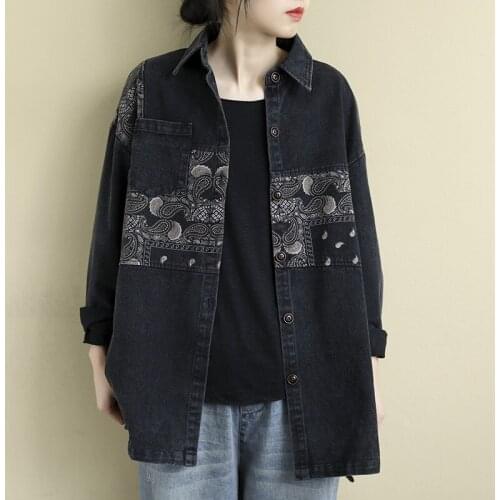2020 Spring Autumn jackets Retro Women All-match Denim Coat New Tops Female Casual Cardigan Print Retro jackets