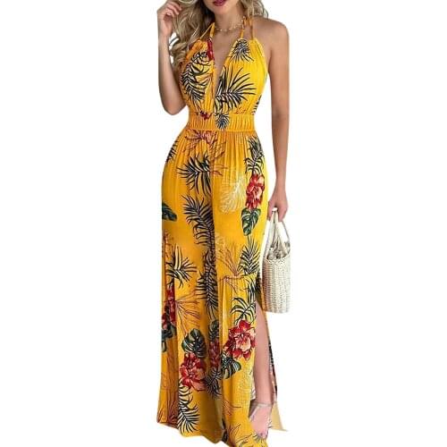 2021 Summer Fashion Women Floral Print Jumpsuits Long Romper Sleeveless Deep V-neck Backless Lace-up Jumpsuit for Summer