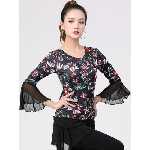 Latin Dance Female Adult Elegant Fashion Print Red Practice Top National Standard Dancing Printing Shirt Performance Clothing