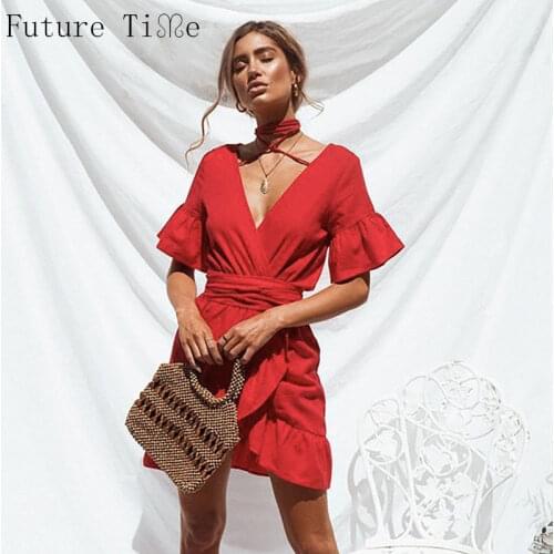Future Time Summer Dress Red Vintage Ruffles Cross Dress Women V-Neck Half Flare Sleeve Mini Dress Beach A-Line Belt Dress N302
