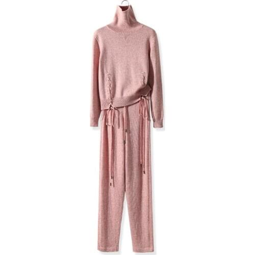 Winter Woolen and Cashmere Knitted warm Suit High Collar Twist Knit Sweater + Mink Cashmere Trousers Leisure Two-piece wj1728