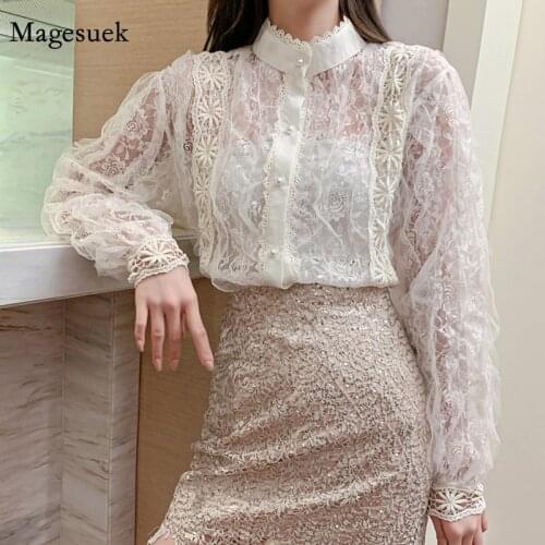 2021 Korea Lace Stitching Shirt Retro Palace Style Romantic Pearl Button Top Female Long Sleeve Stand-collar Women Blouse 12929