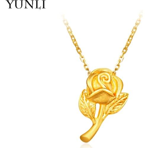 YUNLI Real 24K 999 Yellow Gold Rose Flower Pendant Necklace Pure 18K Gold AU750 Chain for Women Fine Jewelry Wedding Gift