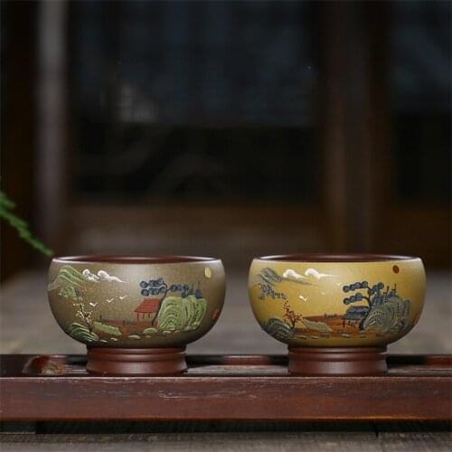 Purple Clay Retro Tea Cup Yixing Raw Ore Mud Hand Painted Landscape Master Cup High-grade Office Kung Fu Tea Bowl Drinkware