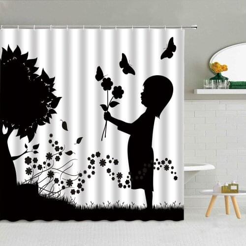 Little Boy Flower Butterfly Tree Meadow Waterproof Shower Curtain Polyester Fabric High Quality Bath Screen With Hook Home Decor