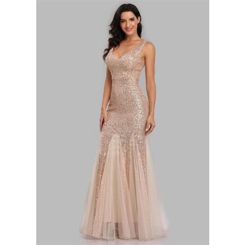 Plus Size V Neck Mermaid Cocktail Dress Long Formal Prom Party Gown Sequins Sleeveless Robe De Soriee Sexy Evening Vestido De