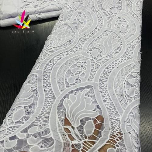 2020 Chiffon Lace African Pure White Dress New Styles Aso Ebi Guipure Fabric Cotton Soft Guipure Stones Rhinestone High Quality