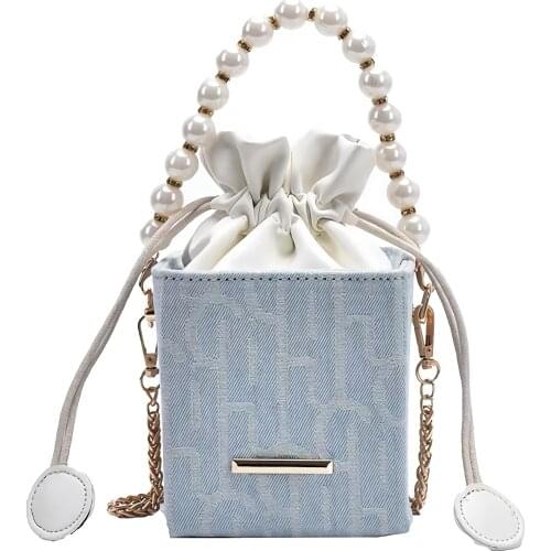 Small Bag 2020 INS Square Box Crossbody Womens clutch bag Pearl Chain Mini Shoulder Purse Drawstring Sling Handbags Purse