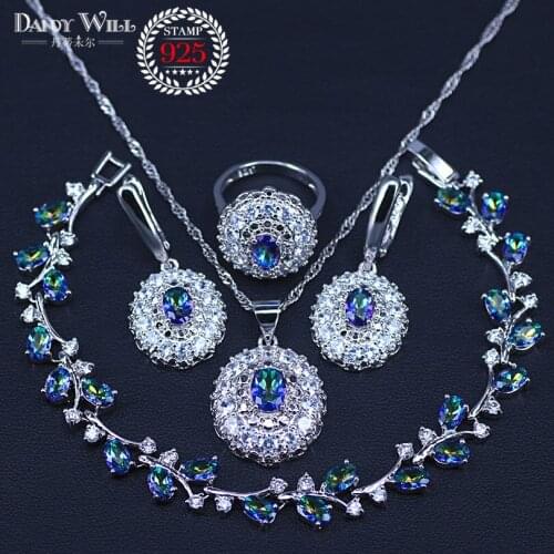 Natural Mystic Rainbow Cubic Zirconia silver color Jewelry Set For Women Bracelets/Earrings/Pendant/Necklace/Rings T044