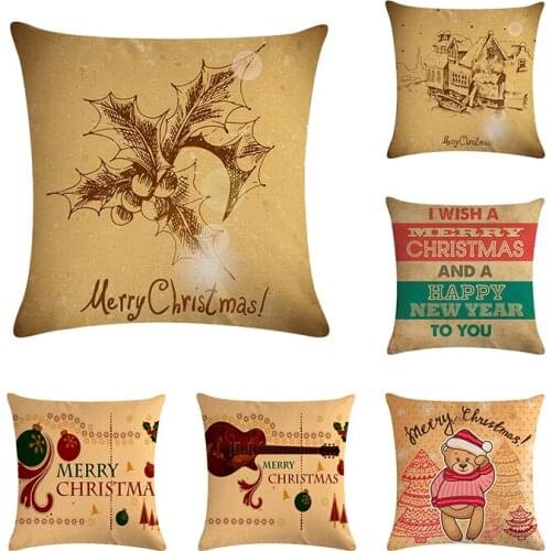 Letter Merry Christmas Holiday Cushion Cover Bear Xmas Decoration Ball ornament Tree Jingle Bell Linen Pillowcase Gift H748