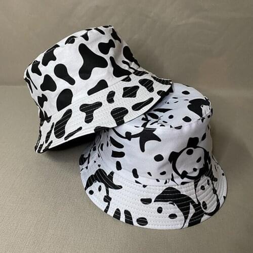 New Fashion Cow Print Hat White Black Bucket Hat Reversible Fisherman Caps Summer Hats For Women Gorras 2021