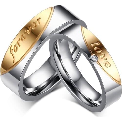 CZ Stone Wedding Rings for Women Men Gold Silver Color Stainless Steel Rings Couple Engagement Jewelry Lovers Anniversary Gift