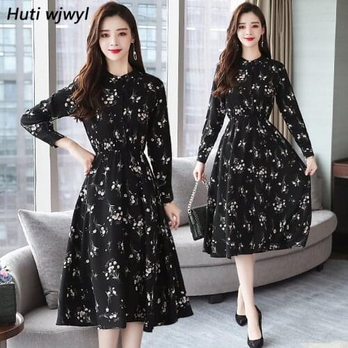 Autumn Winter Black Vintage Floral Chiffon Midi Dress Plus Size Boho Dresses 2021 Elegant Women Party Long Sleeve Dress Vestidos