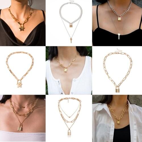 Simple and Exaggerated Retro Jewelry with Thick Chain Multilayer Geometric Lock Shape Love Necklace for Female