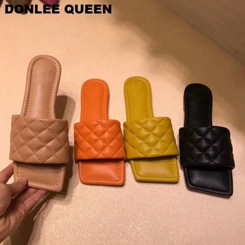 Fashion Square Toe Flat Embroidery Slippers Women Open Toe Gingham Slipper Sandals Casual Shoes Women Slip On Slides Big Size 41