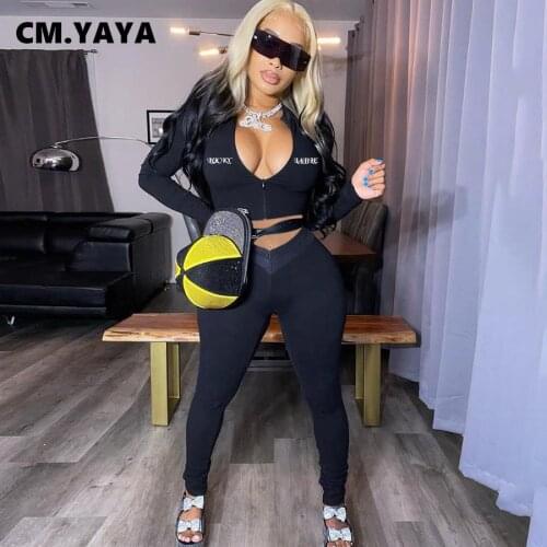 CM.YAYA Sportwear Lucky Label Embroidery Sweatsuit Womens Set Track Jackets Pants Set Active Tracksuit Two Piece Fitness Outfit