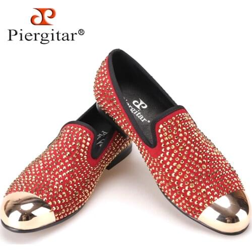 Piergitar Handmade red suede men shoes with gold Rhinestone and gold toe metal Party and Banquet men dress loafers males flats