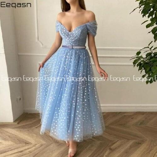 New Lavender Hearty Tulle Evening Dress 2021 Midi V Neck Prom Dresses with Sashes A-Line Tea-Length Formal Party Dresses