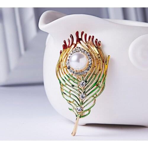 Women Colorful Enamel Feather Brooch Gold Crystal Rhinestone Pearl Metal Suit Sweater Personality Pin Jewelry gift Accessories