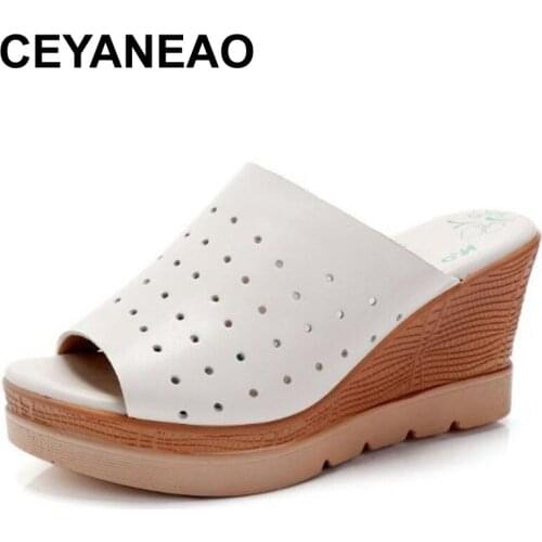 CEYANEAO 2020 high quality cowhide wedge sandals high heels casual wild summer leather sandals women slippers summer shoes 32-43