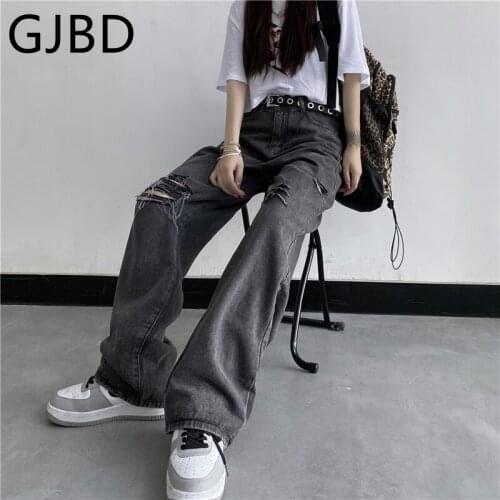 Womens Ripped Jeans 2021 Summer Streetwear High Waist Baggy Trouser Casual Wide Leg Denim Pants Harajuku Straight Vintage Jeans