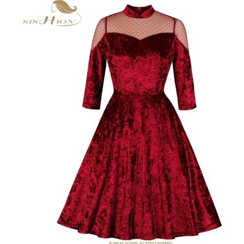 SISHION Velvet Mesh Lace Splicing Fashion Dress Womens Autumn Dress Stand Collar Wrist Sleeve High Waist Red Party Dress SP1244