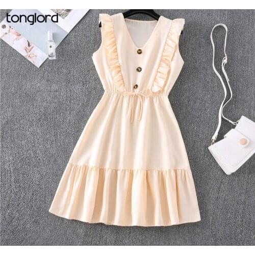 Tonglord Summer New Lotus Leaf Sleeveless Sweet Dress Girl Fresh Solid Color V-neck Lace Dress European and American Style