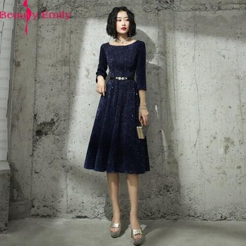 Beauty Emily Charming O Neck Three Quarter Neck Evening Dress with Sashes Fashion Appliques A-line Women Gowns For Wedding Party