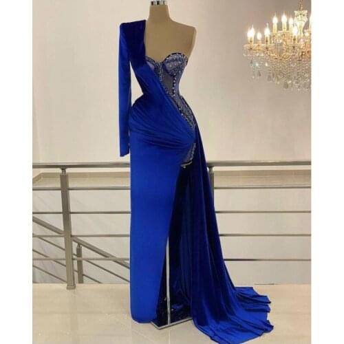 2022 New Arrival Royal Blue One Shoulder Evening Dresses With Beads Sexy See Thru High Split Long Mermaid Prom Gowns
