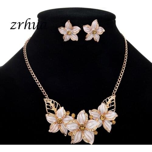 ZRHUA Boho Elegant Flower Jewelry Set 1 Set Vintage Luxury Pendant Necklace Earrings Sets For Women parure bijoux femme