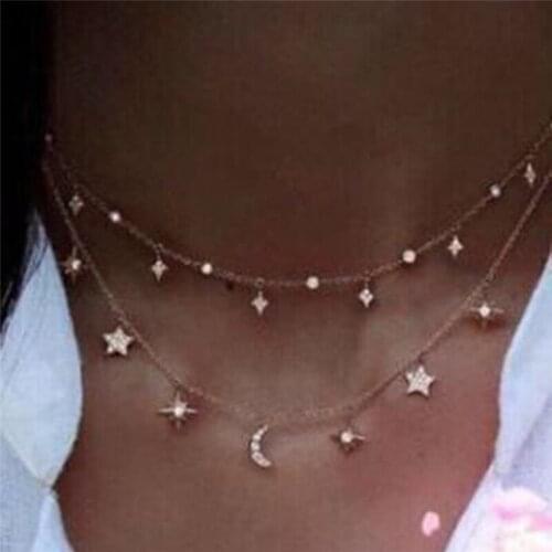 12Pcs/lot Bohemian 2-layer Star and Crescent Chain Necklace for Women