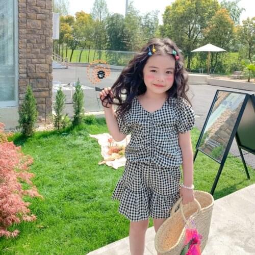 2021 Baby Girl Fashion Clothing Set Cute Bow Plaid T-shirt top + shorts girls Clothes Sets Children Party Birthday Wear
