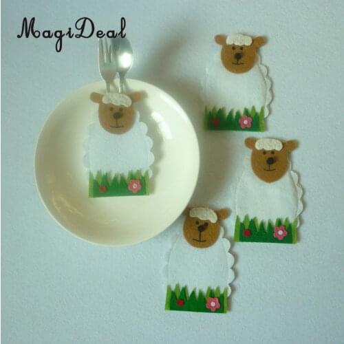 4 Pieces Lovely Easter Sheep Tableware Pockets Holders Cutlery Bags Holiday Party Dinner Home Table Decoration