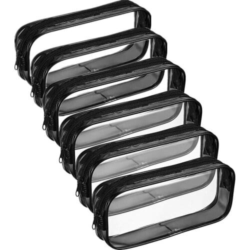 6 Pieces Clear PVC Pen Pencil Case with Zipper, for School Office Stationery, Portable Transparent Pencil Bag Makeup Pouch(Black