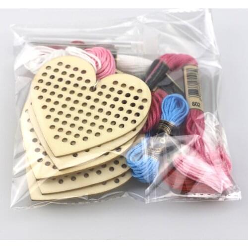5pcs Heart Wooden Cross Stitch Embroidery Keychain Ring with Thread DIY Craft H58C