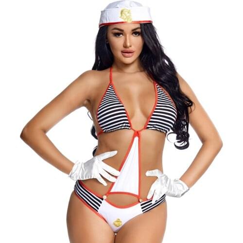 Black And White Stripe Bikini Female Navy Cosplay Women Halloween Sailor Costumes Carnival Purim Nightclub Role Play Party Dress