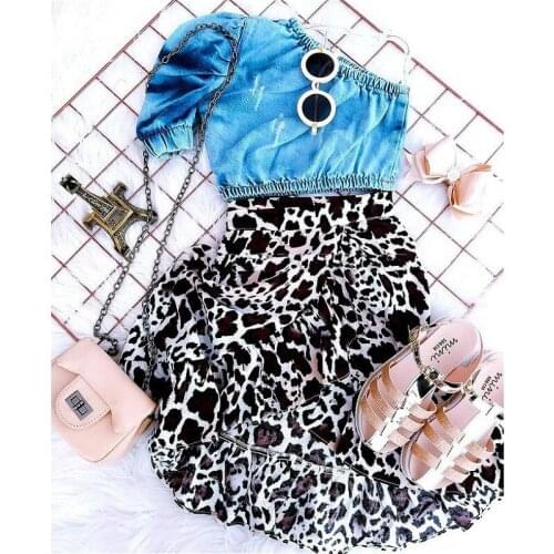 2-7Y Kids Girls Outfits 2021 Summer Autumn One Shoulder Long Sleeve Denim Crop Tops + Ruffle Leopard Skirt Sets Baby Clothes