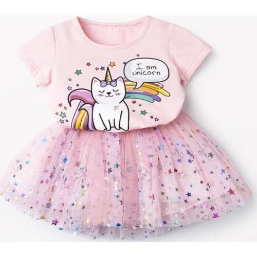 Girls Dresses Outfits Birthday Party Baby Girl Clothes Summer Princess Cartoon Unicorn Rainbow Star Kids Children Clothing Sets