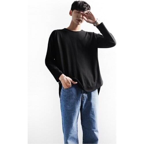 Long sleeve t-shirt mens solid color base shirt with loose round neck and young students' autumn fashion