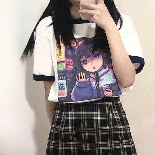 Anime tshirt Short Sleeve Japanese Retro Womens Summer 2020 New Korean Version Harajuku Style Loose Stitching White T-shirt